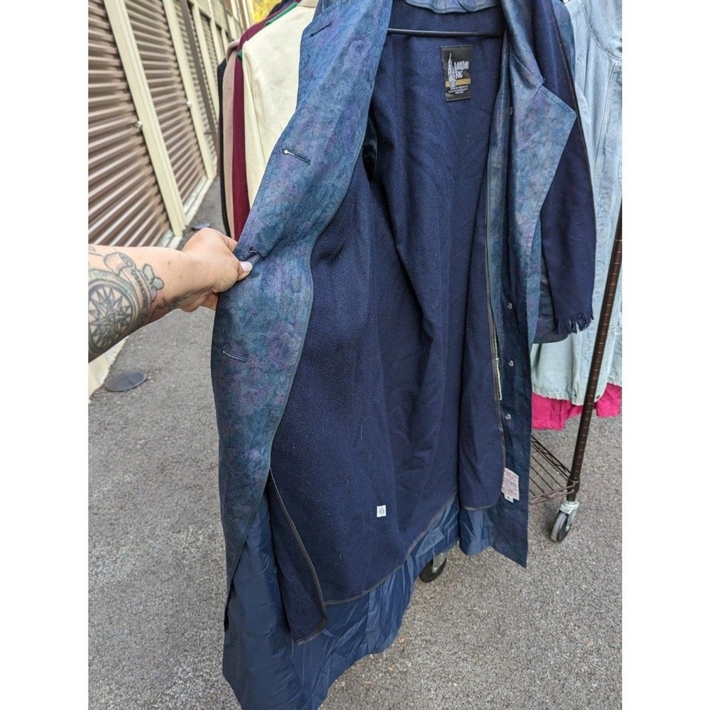 Vintage Dark Academia Quiet Luxury London Fog Blue/Purple Floral Trench Coat 12P - Picture 6 of 11
